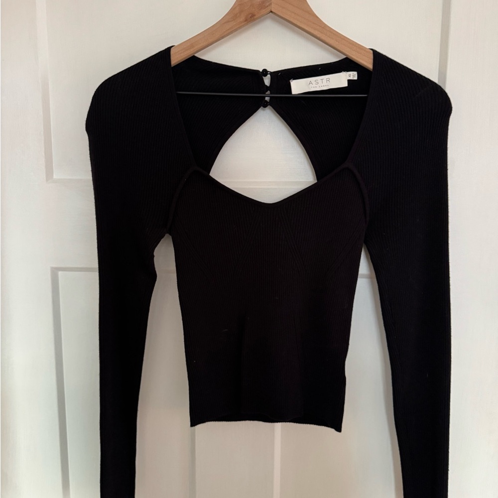 ASTR Ribbed Black Long Sleeve Top with button closure in back.